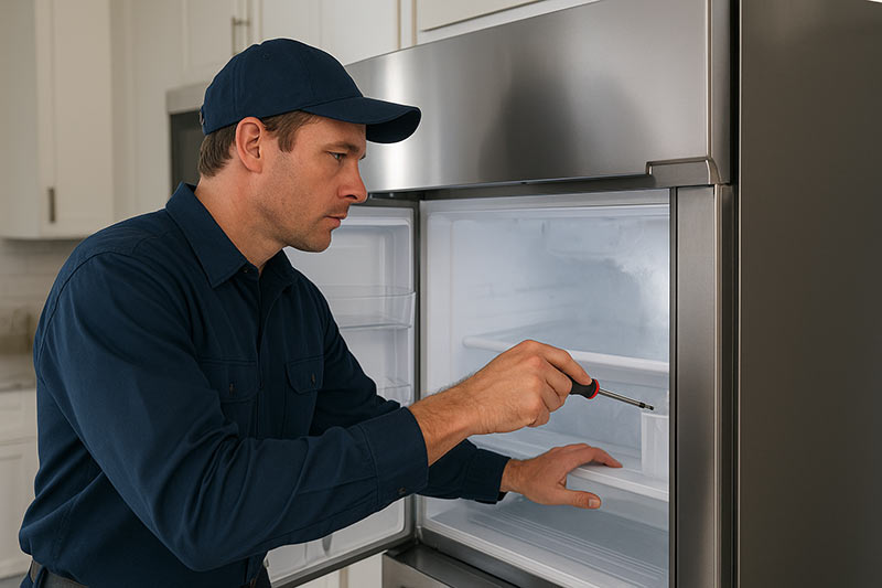 Appliance repair technician repairing a built-in Sub-Zero refrigerator with a screwdriver in a modern kitchen